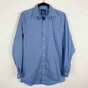 Stafford Travel Fitted Button Up Shirt Blue‎ Print Mens Size 15 32-33 Easy Care